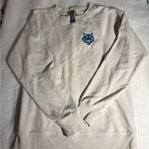Anthropologie Light Cream Crewneck Sweater with Blue Tiger Patch